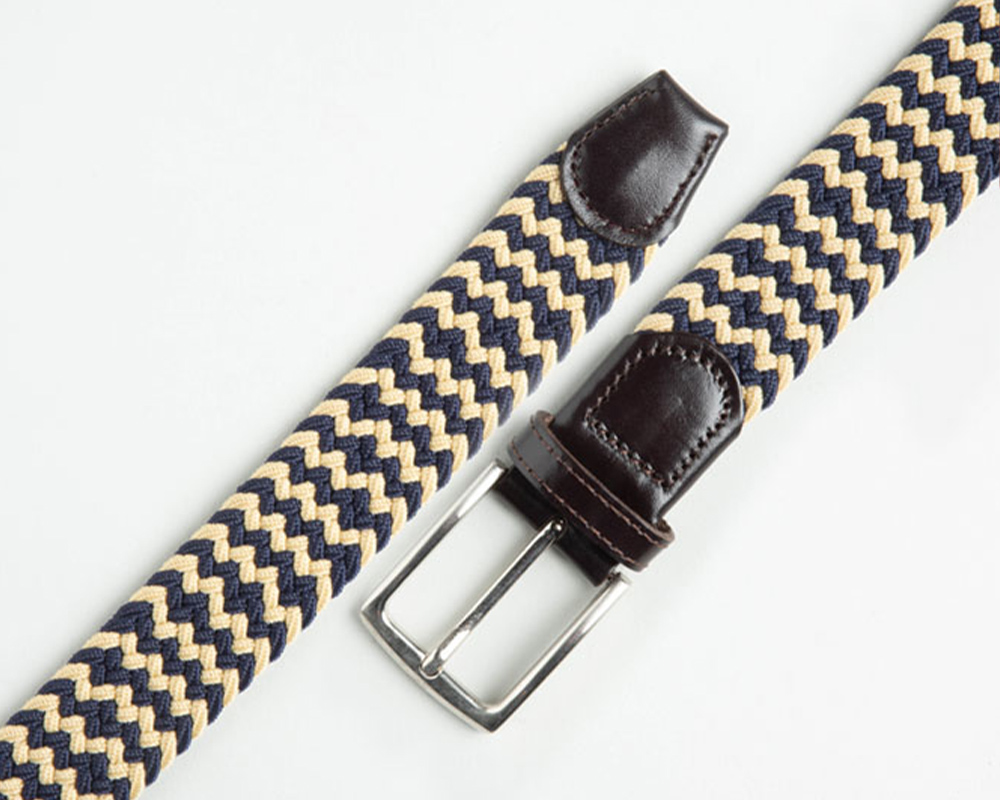 Mens 35mm Beige & Navy Ibex Leather/Elastic Woven Belt - The Leather Locker